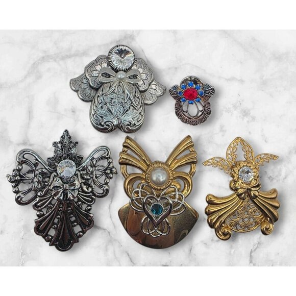 Jane AOL Guardian Angel Pin Brooches Silver & Gold Tone Faux Pearl Lot of 5 Xmas - Picture 1 of 15